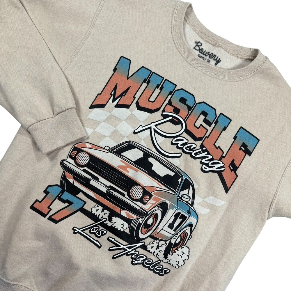 Vintage Muscle Car Bowery Supply Co Fleece Sweatshirt Men's S Beige Cotton Blend